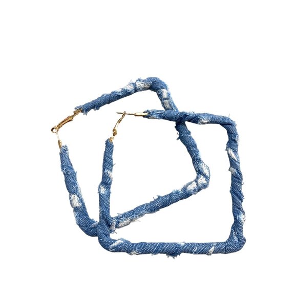 Square Denim Hoop Earrings Gold Tone Clasp - Picture 1 of 6